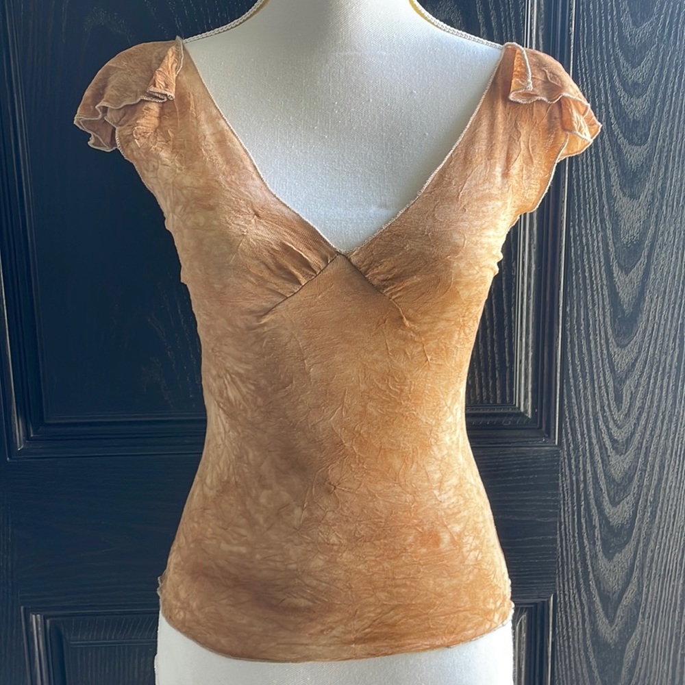 Sheer Golden Tan Tie Dyed V-Veck with Flirty Ruffled Slit Shoulder